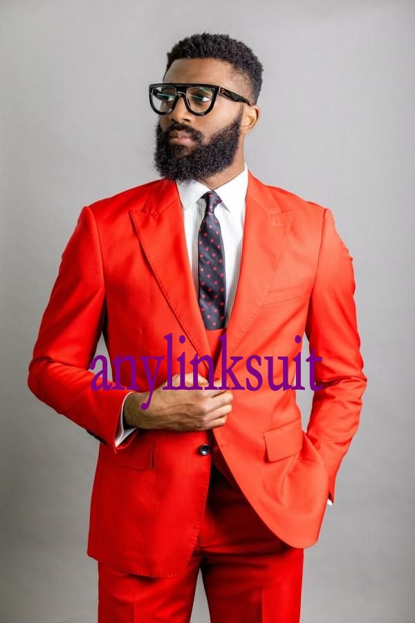 Classic Style Two Buttons Orange Groom Tuxedos Peak Lapel Wedding/Prom/Dinner Groomsmen Men Suits Blazer (Jacket+Pants+Vest+Tie) W1452