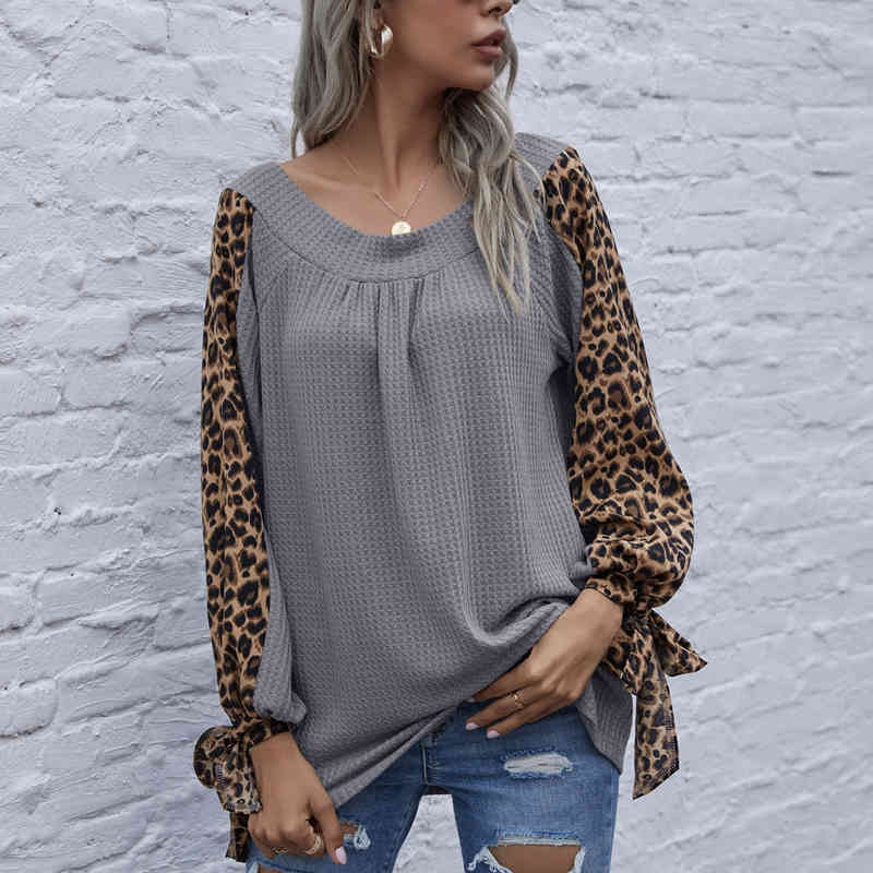 Plus Size Women Clothing Spring Autumn Ladies T-shirt Casual Sexy Splice Leopard Loose Long Sleeve Top woman tshirts 210515