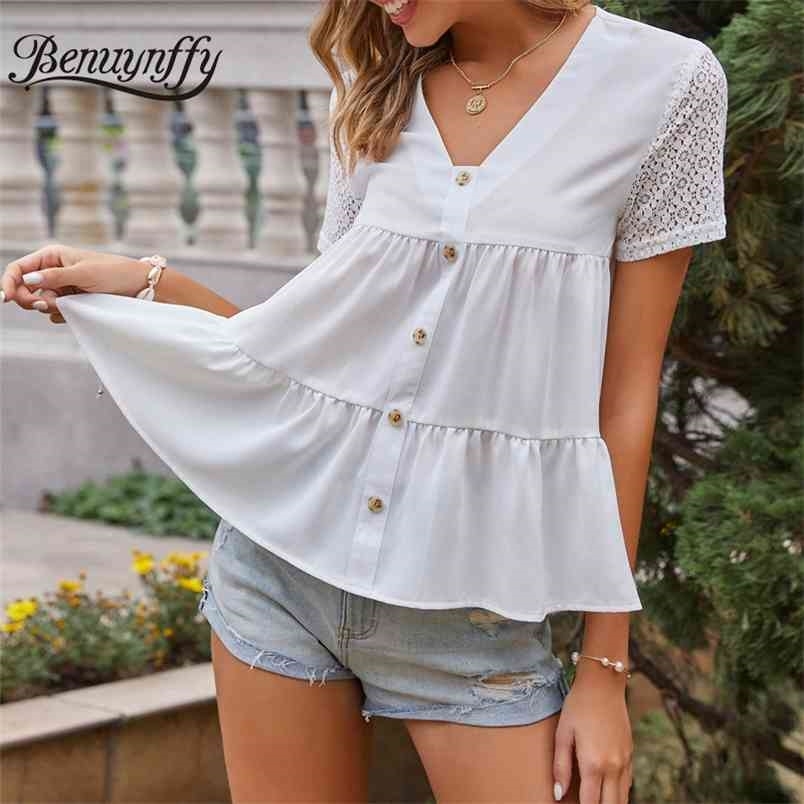 V-neck Lace Sleeve Button Women Blouses Fashion Summer Short Pleated Tops Female Solid Casual Blouse 210510
