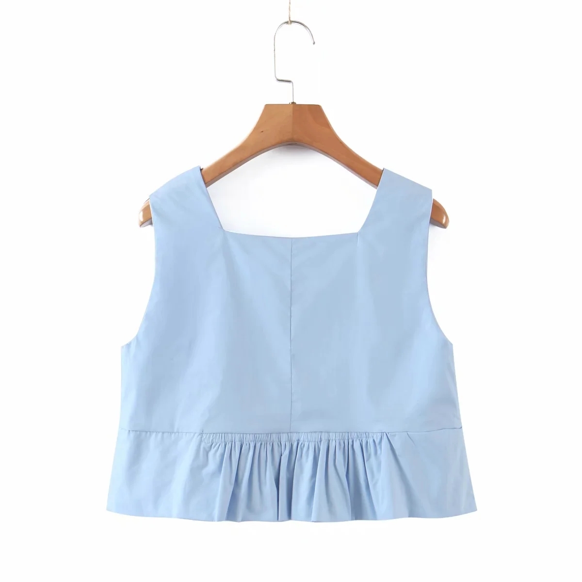 Summer Blue Wide Shoulder Belt Hem Popplin Short Blouse Pleated Fashion Square Neck Cropped Top Female Suspender Vest 210521