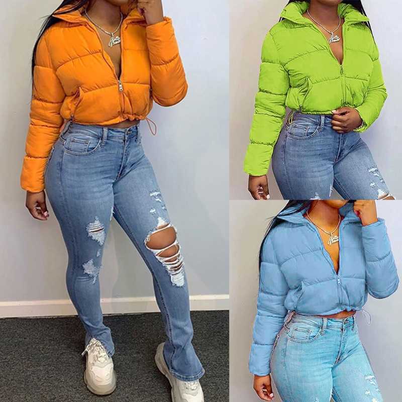 Women Long Sleeve Puffer Jacket Zip Up Solid Color Drawstring Hem Cropped Coat 210909