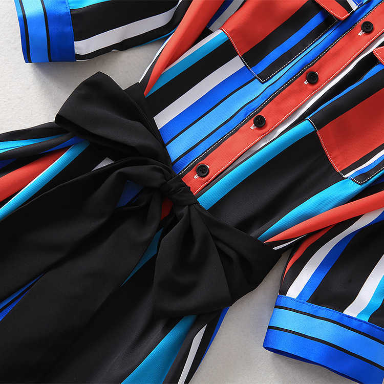 Vintage Fashion Fit and Flare Multi-Color Stripe Printed Loose-Fit Slim Slit Lace-up Bow Dresses 210615Z