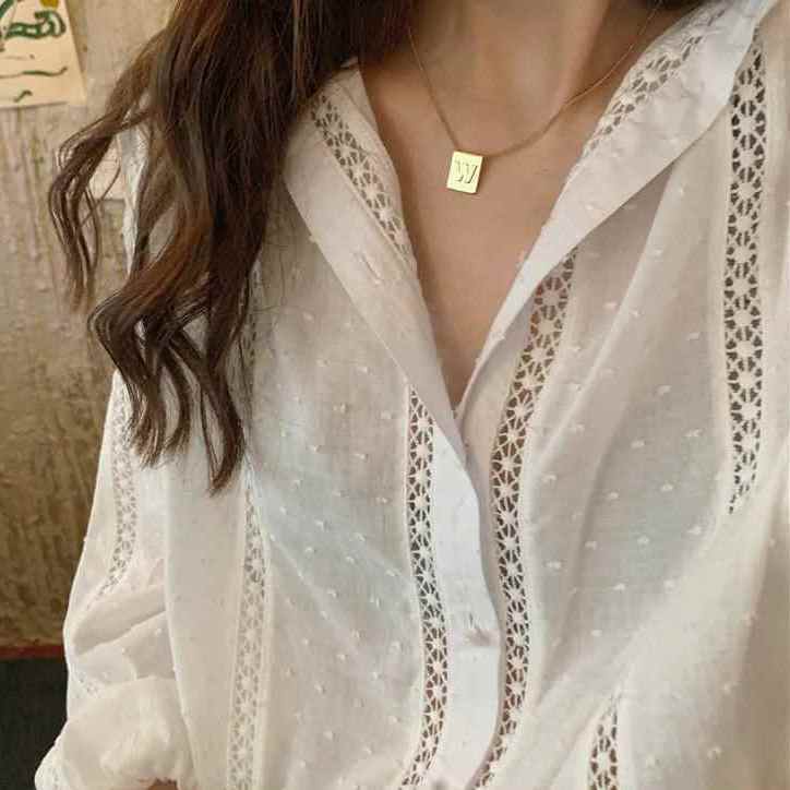 Elegant Hollow Out Lace Shirt Women Causal White Blouse Long Sleeve Top Female Korean Ladies Office Loose Blusas 210422