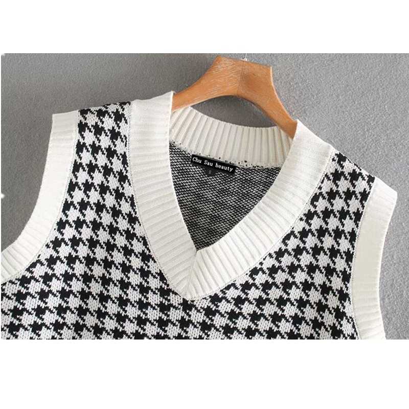 Chu Sau beauty Loose Oversized Knitted Sweater Vest Women Casual V-neck Plaid Sleeveless Sweaters Chic Tops 211018
