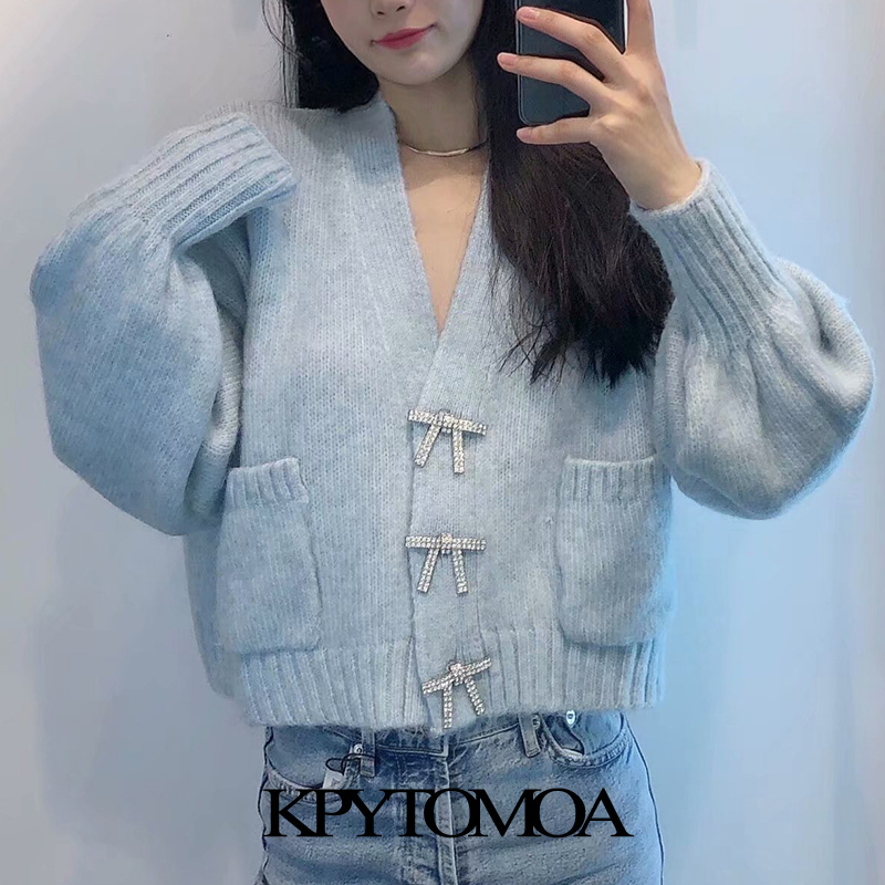 Women Fashion Rhinestone Buttons Loose Knitted Cardigan Sweater Long Sleeve Pockets Female Outerwear Chic Tops 210420