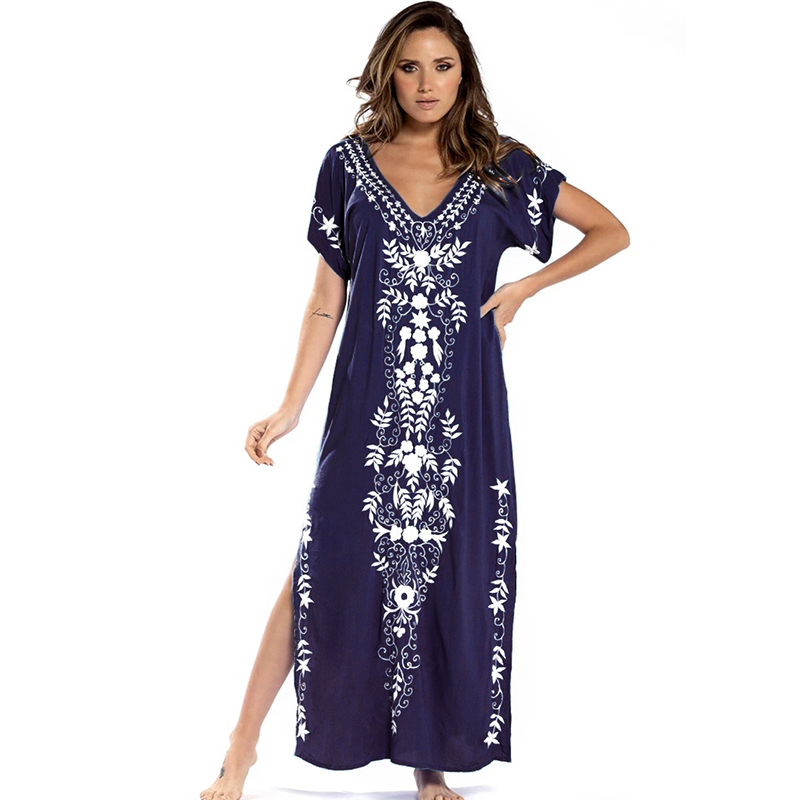 Oversize black Embroidery V-neck Short Sleeve Summer Beach Dress Plus Size Tunic Women Beachwear Batwing Sleeve Long Dress N790 210409