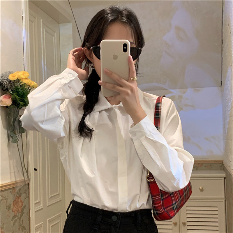 Arrival Spring Autumn OL Elegant Solid Lapel Basic Shirt Women White Blouses Tops Loose Formal Woman Clothes 210421