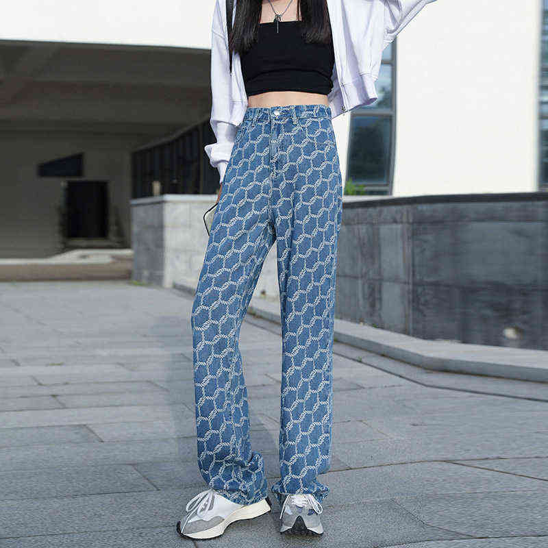 Jacquard Blue Women Pants Casual Striped Retro Basic Straight Loose Plus Size Jeans Y2K Fashion Trendy Ladies Trousers 211129