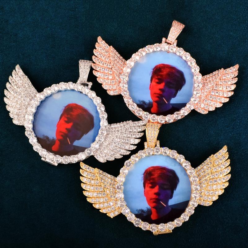 Chains Round Angel Wing Custom Po Pendant Hollow Back Make Memory Picture Hip Hop Necklace Chain For Men Women Jewelry