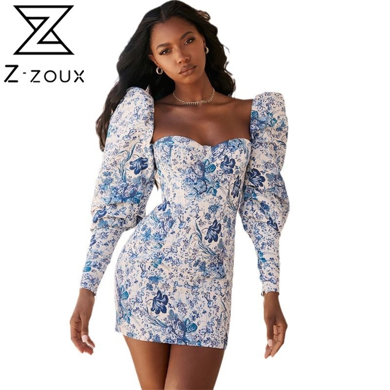 Women Dress Puff Sleeve Square Collar Print Dresses Long Sexy Short Flowers Summer 210513