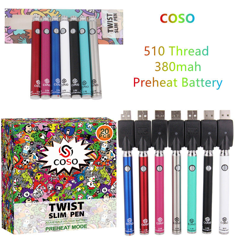 COSO 380mah bottom twist variable voltage preheating battery 3.3V-3.8V-4.3V-4.8V charger kit with display box for thick oil vape cartridges
COSO 380mah bottom twist variable voltage preheating battery 3.3V-3.8V-4.3V-4.8V charger kit with display box for thick oil vape cartridges