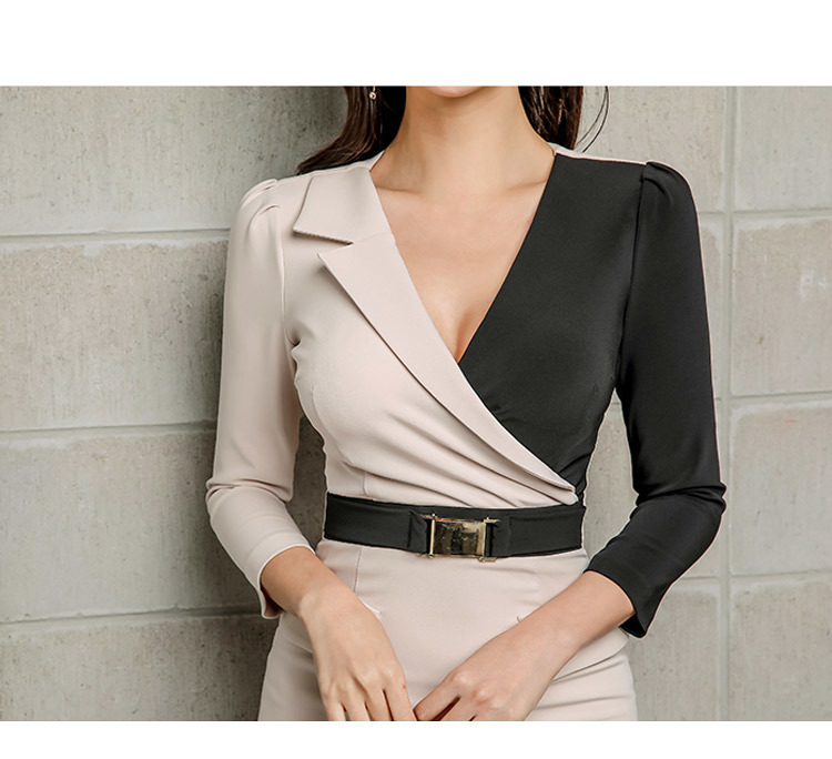 Korean Contrast Color Patchwork Pencil Dress Women Spring Business OL es Fitted Sheath Vestidos 210519