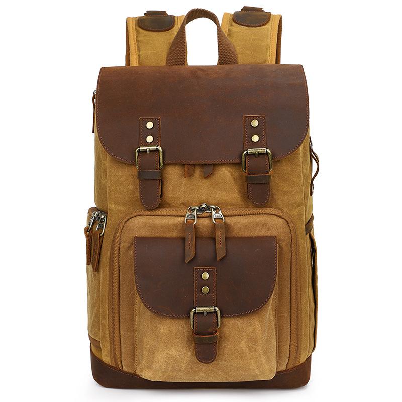 Backpack Waterproof Batik Canvas Camera Bag Retro SLR Liner Leather Knapsack, Army green