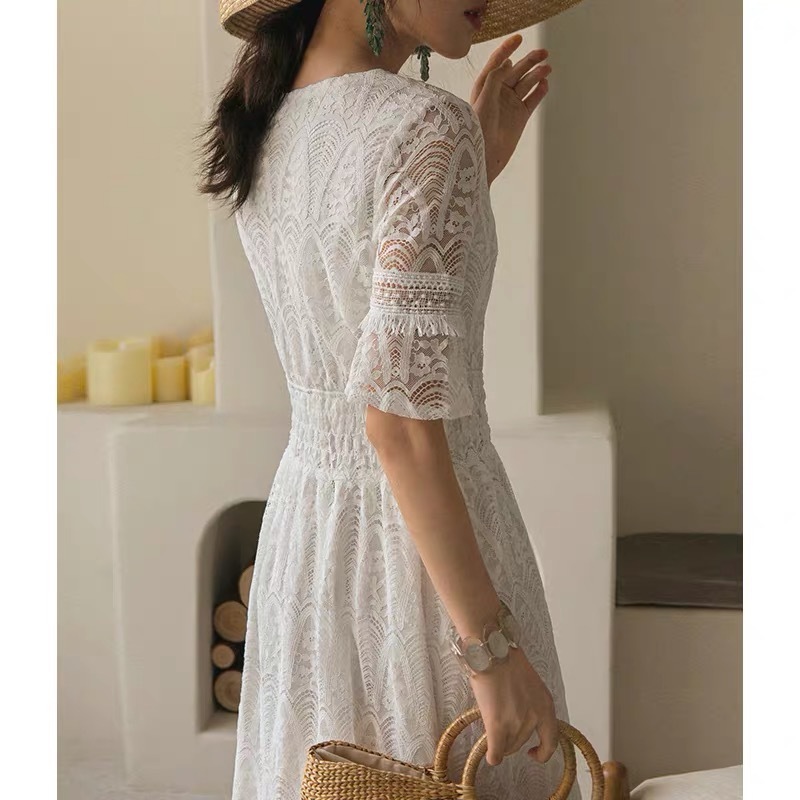 summer vocation white lace v-neck tassel midi dress short sleeve hollow out robe dresses party causal 210421