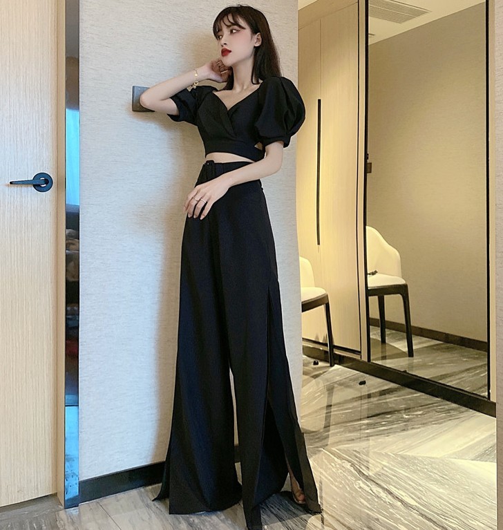 Sexy Women Outfit Solid Color Two Pieces Set V-Neck Puff Sleeve Short Crop Tops+Split Wide Leg Pant Korean Fashion Suit 210519
