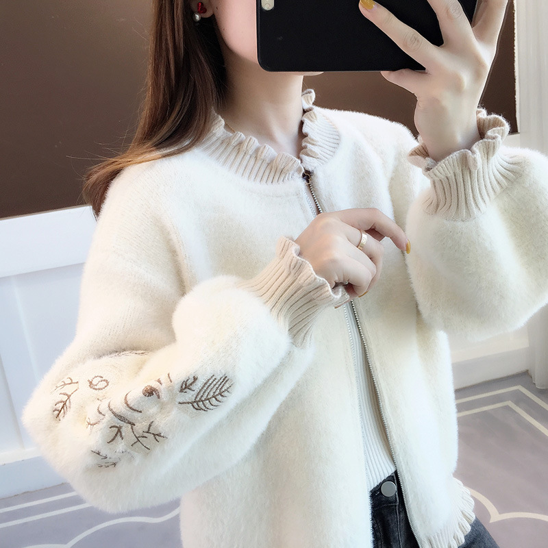 Nomikuma Faux Mink Cashmere Cardigan Sweater Women Autumn Winter Knitted Coat Floral Embroidery Long Sleeve Cardigan 6B929 210427