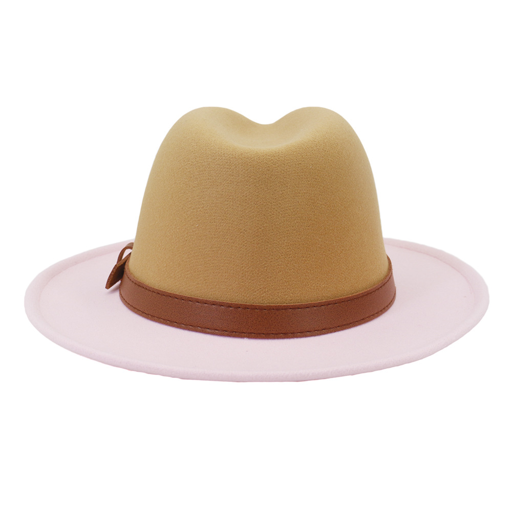 Trendy Camel and Pink Color Matching Fedora Hat Sombrero Panama Felt Jazz Cap Women Patchwork Party Formal Hat with Brown Belt