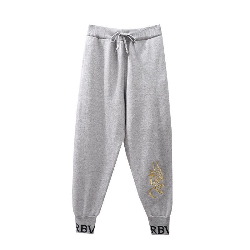 Nomikuma Autumn Winter Sweater Pants Lace Up Stretch Waist Ankle Trousers Korean Embroidery Letters Knitted Harem Pants 6C866 210427