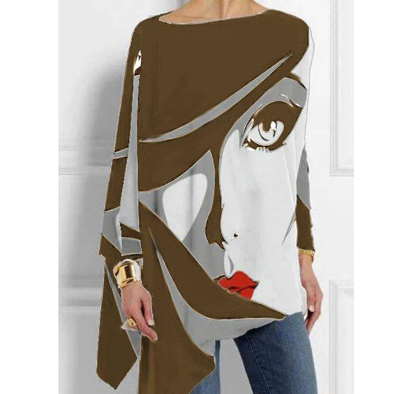 Plus Size White-Black Abstract Vintage Tops Women Loose Crew Neck Cotton Casual Shirts Long Sleeve Irregular T-shirt Print 210406