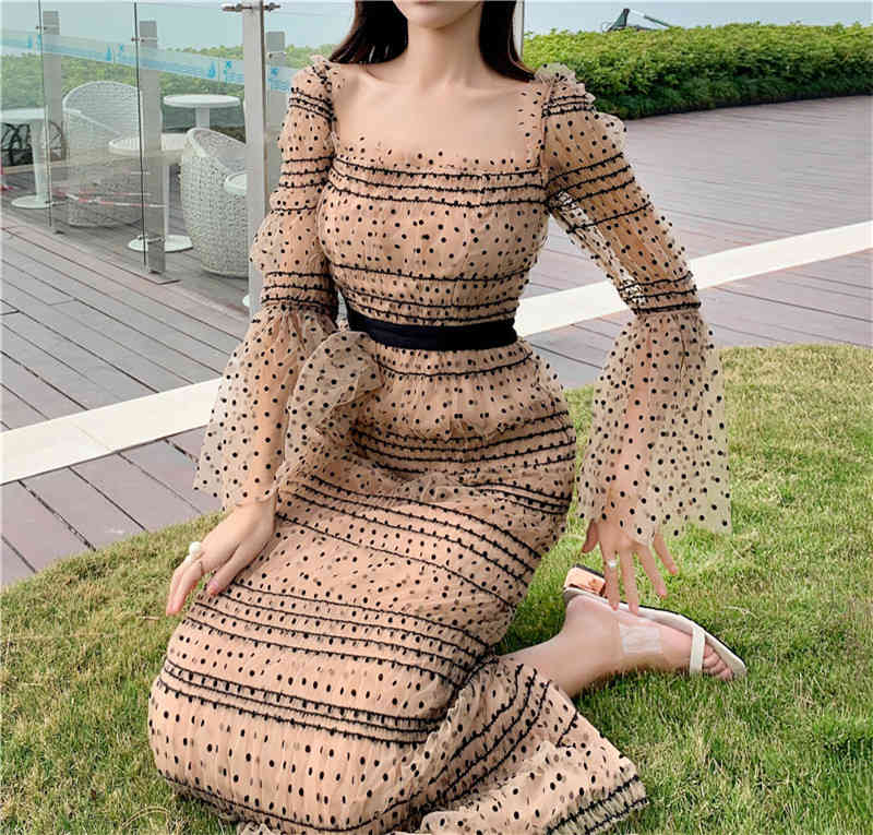 Women's Polka Dot Pleated Square Neck Flare Long Sleeve Dress Sexy Backless Runway Party Vestidos 210520