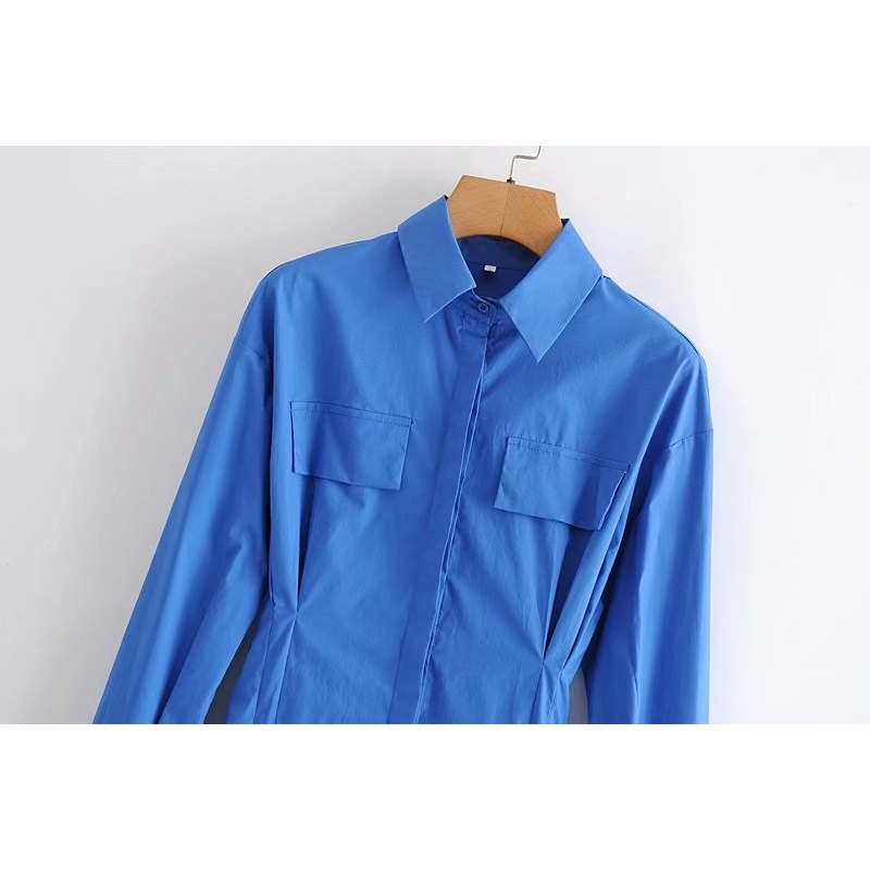 Streetwear Women Blue Pocket Dresses Fashion Ladies Waist-Controlled Mini Vestidos Causal Female Chic Pleated Dress 210430