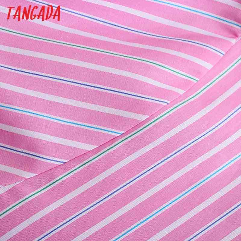 Women Vintage Pink Striped Print Crop Long Sleeve Chic Female Casual Shirt JE23 210416
