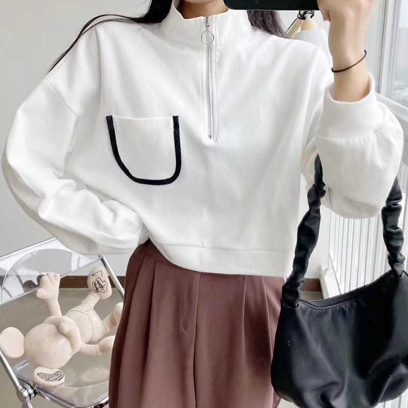 Yedinas Casual Cropped Hoodie For Women Long Sleeve Turn-down Collar Cotton Zipper Sweatshirts Crop Tops Autumn Korean 210527