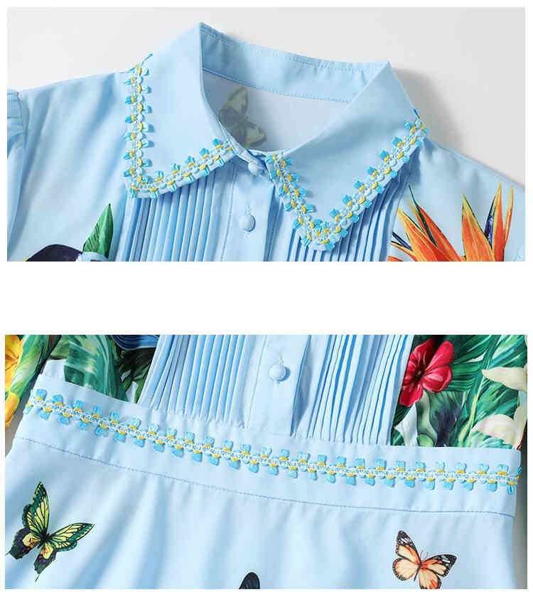 holiday long sleeve turn down collar tropical pleated knee length A-line dresses for women lady beach casual clothes 2XL 210421