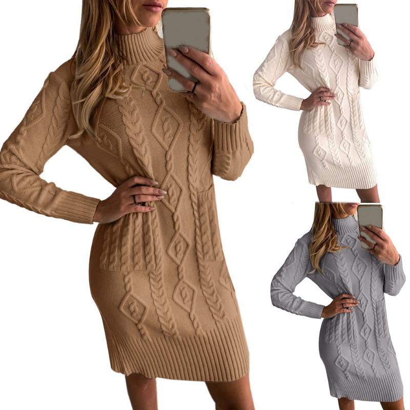 Women Long Sleeve Turtleneck Solid Color Cable Knit Slim Fit Midi Sweat Dress Casual Dresses