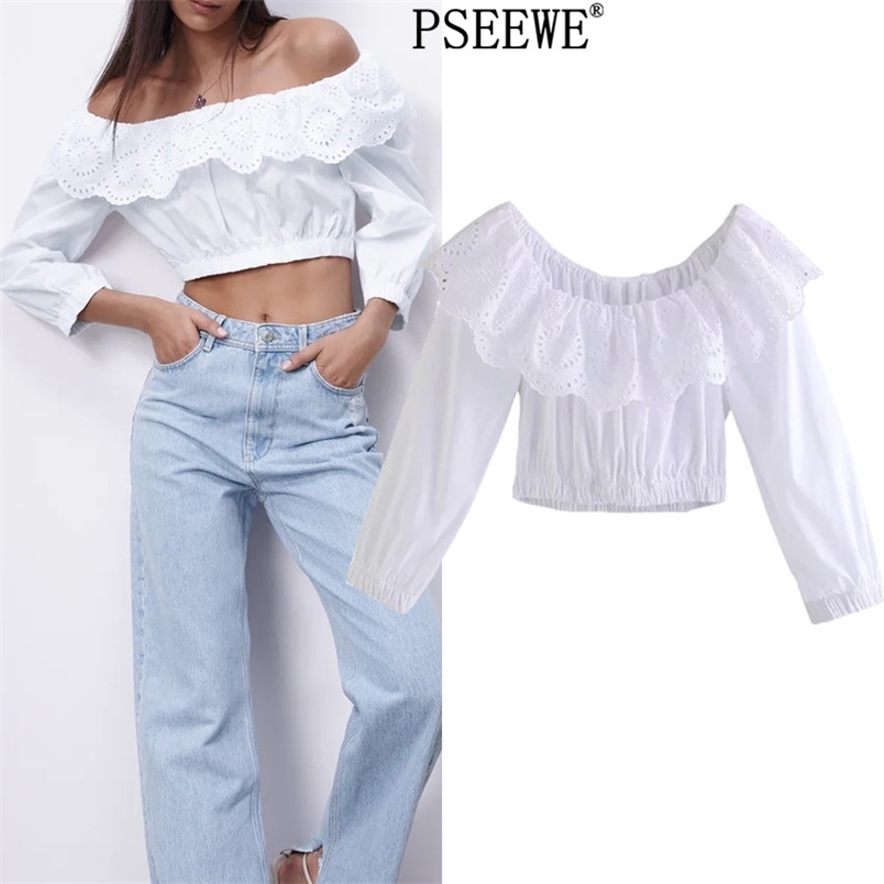 Off Shoulder White Woman Blouse Cutwork Embroidery Crop Top Female Fashion Long Puff Sleeve Summer Women 210519
Off Shoulder White Woman Blouse Cutwork Embroidery Crop Top Female Fashion Long Puff Sleeve Summer Women 210519