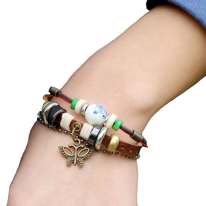 Charm Bracelets Punk Creative Beaded Leather Jewelry Accessories Men Women Fashion Personality Butterfly Pendant Woven Adjustable Bracelet