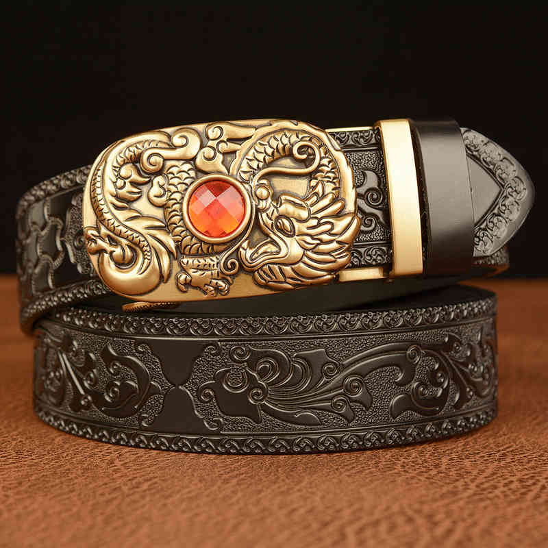 Waist Belt s Buckles National Style Tang Grass Pattern Carved Men's Genuine Cow Leather Personality Dragon Spitting Pearl Automatic Buckle Trouse