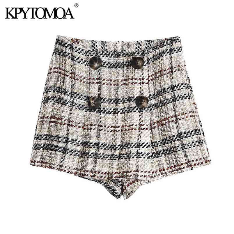 Women Chic Fashion With Buttons Check Tweed Shorts Skirts High Waist Back Zipper Female Skort Mujer 210420