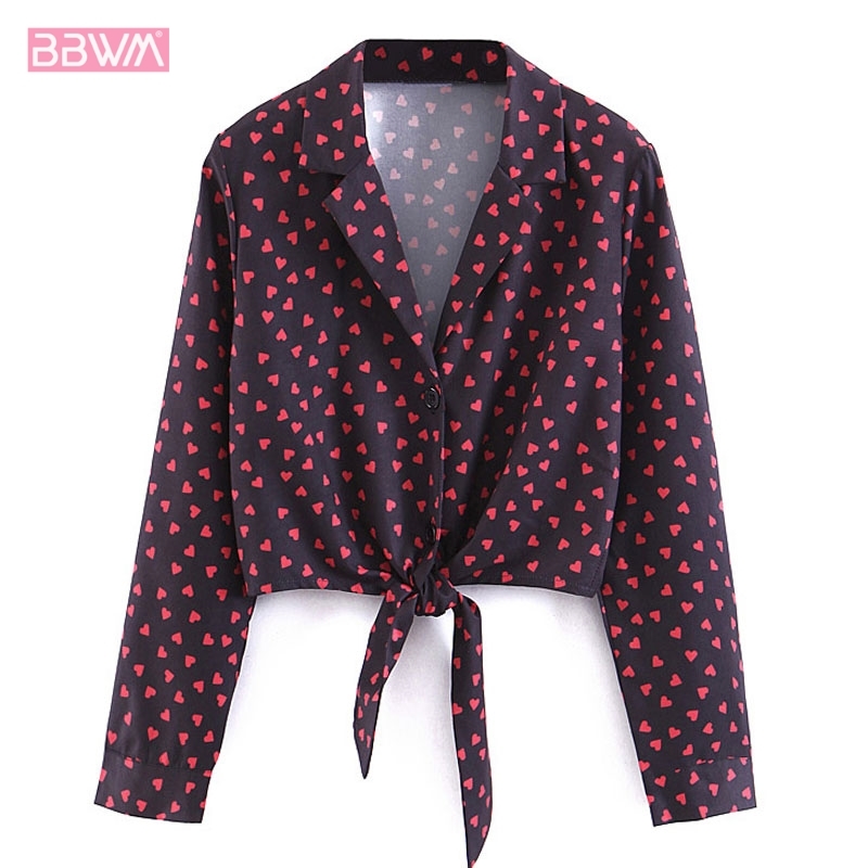 Summer Women's Lapel Black Heart Button Front Knot Long Sleeve Shirt Short Women's Top Casual fashion personality 210507