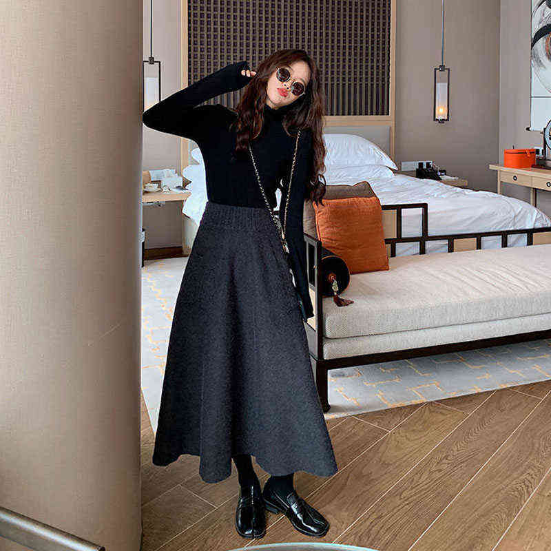 Lucyever Autumn Winter Women Wool Knit Midi Skirt Korean High Waist Mid-Length Skirts Female Fashion Pockets Office A-line Skirt 211119