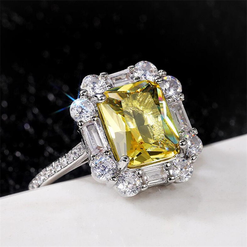 2021 Top Sell Cocktail Luxury Jewelry 925 Sterling Silver Princess Cut Yellow Topaz CZ Diamond Party Promise Women Wedding Engagement Band Ring For Lo