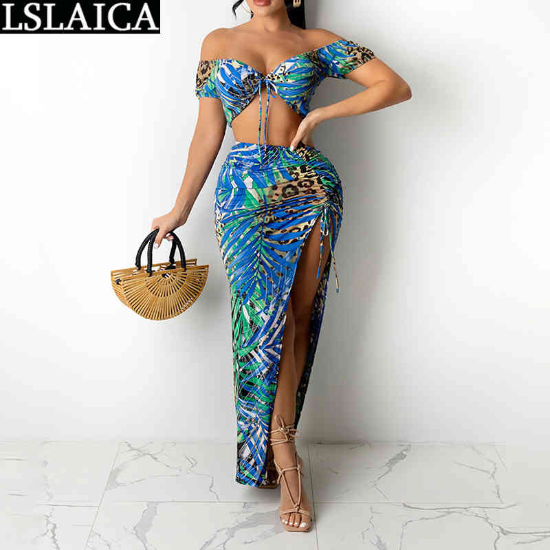 Suit with Skirts for Women Crop Top Drawstring Long Skrits Flroal Print Sexy Female Summer Evening Party Club Two Piece Set 210515