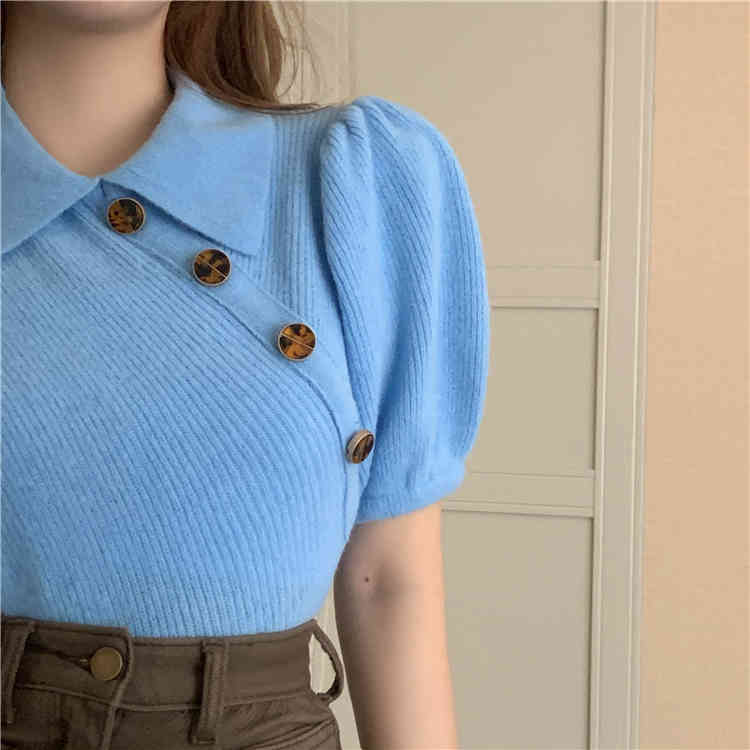 Spring Autumn korean style Button knit Puff short sleeve t-shirts womens tee shirt femme women Cropped tops (R99423) 210423