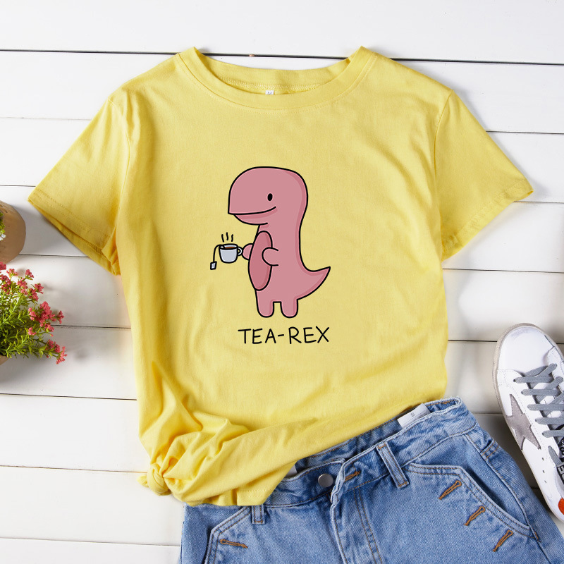 JCGO Women T Shirt Summer Cotton Plus Size 5XL Cartoon Dinosaur T-rex Print Short Sleeve O-Neck Casual Female TShirts Tops Tee 210406