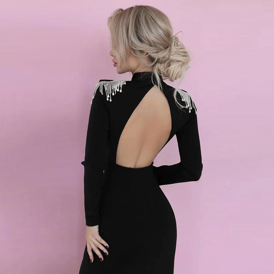 Black Diamons Tassel Bandage Women's Summer Dress Sexy Long Sleeve Backless Maxi Evening Runway Club Party 210423