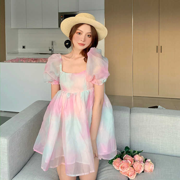 fashion style elegant princess dress rainbow fairy skirt bubble sleeve puffy short kawaii mini women 210623
