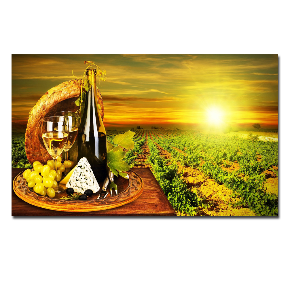 HD Printed canvas art grape red wine glass Oak barrels sunset painting on canvas wall pictures for living room