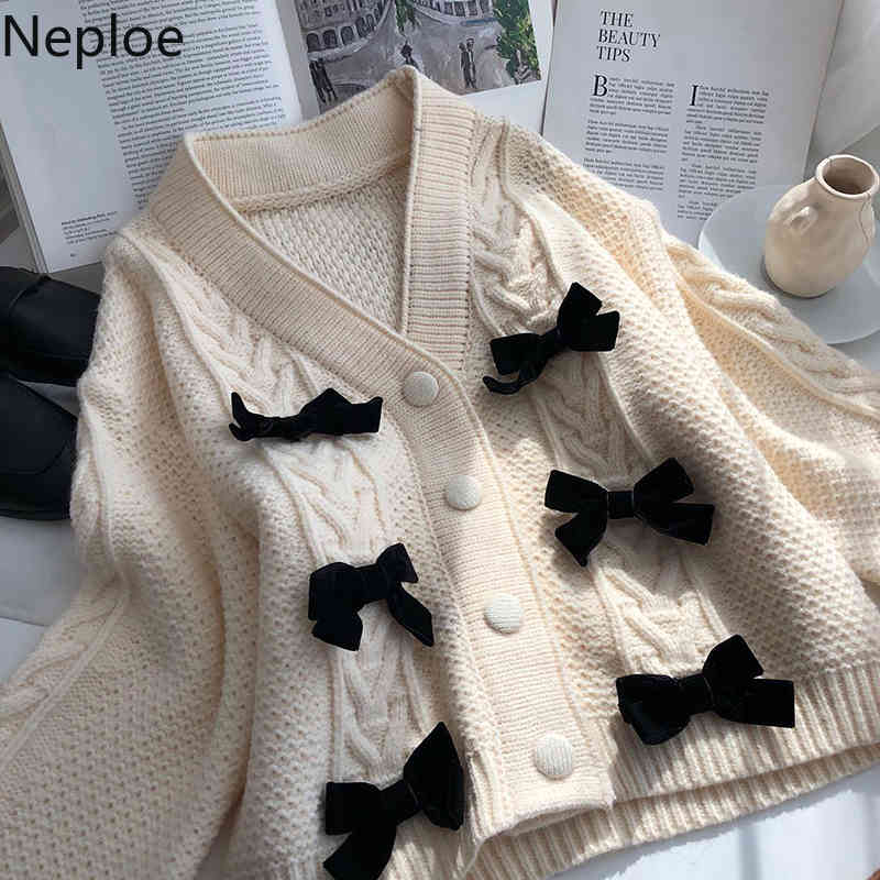 Neploe Spring Sweaters Women Sweet Bow Knitwear Cardigan Female V-neck Single Breasted Knit Short Red Coat Sueter Mujer 4H396 210422