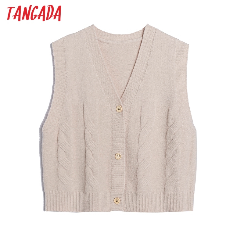 Women Vintage Basic Twist Oversized Knitted Vest V Neck Sweater Sleeveless Female Waistcoat Tops 6H13 210416