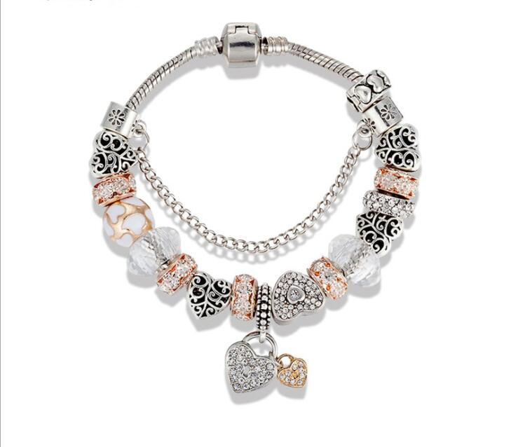 Strands Crystal beaded bracelet with vintage hollow love lock pendantnt 
Strands Crystal beaded bracelet with vintage hollow love lock pendantnt