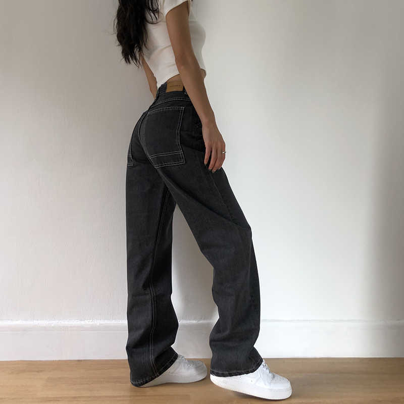 Baggy Jeans for Women Loose High Waist Boyfriend Mom jeans Big Pockets Black Straight Denim Pants Fashion 201020