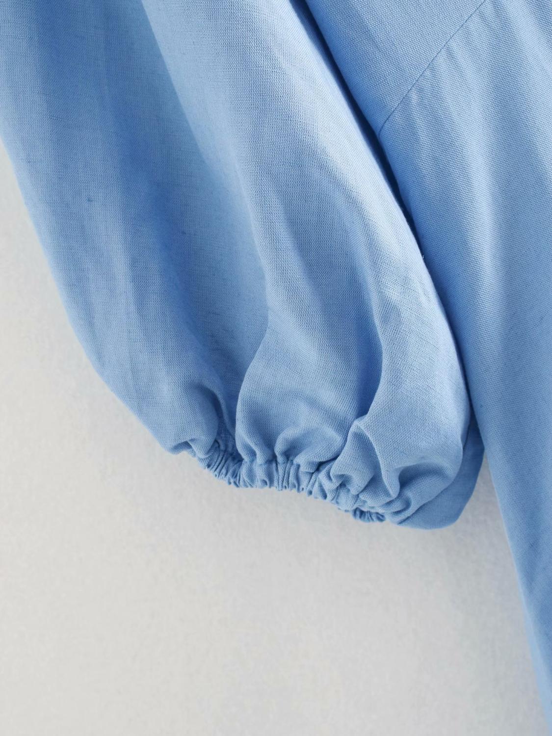 Solid Color Casual Puff Sleeve V-neck Midi Women's Dress Simple Style and Calf Leisure Vacation Chic Female Dresses 210507