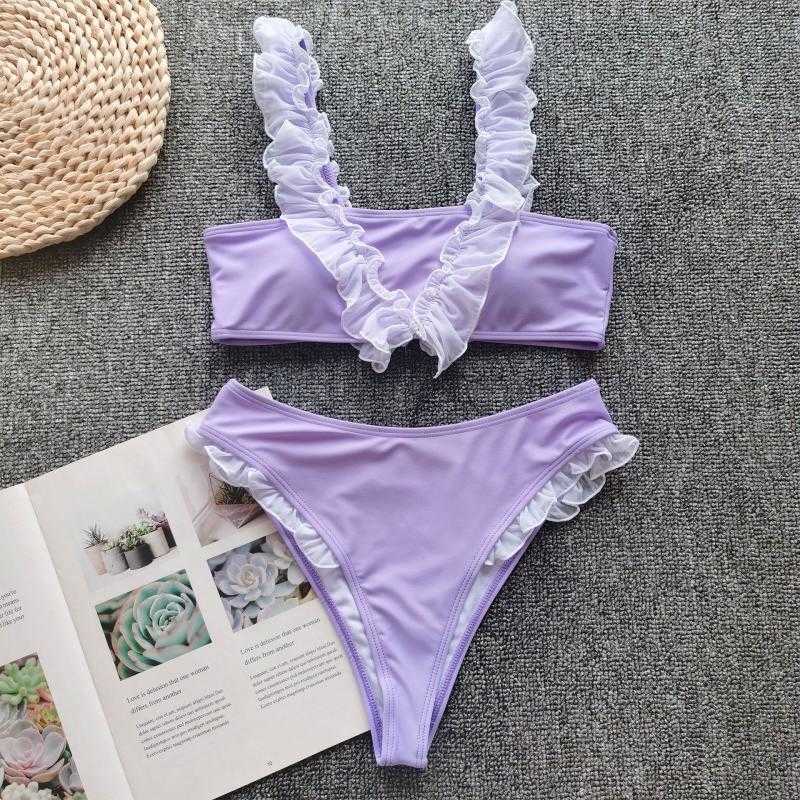 Colysmo Ruffles Two-Piece Swimsuits Women High Waist Bikinis Push Up Padded Beachwear Summer Bathing Suit Lavender 210527