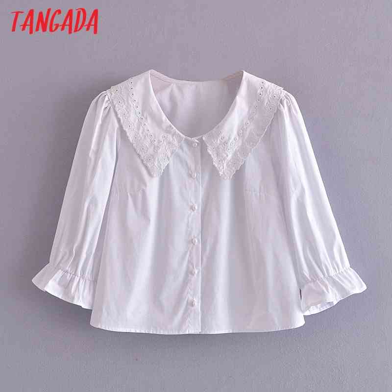 Women Retro White Statement Collar Chic Female Short Blouse Shirt Tops 3A39 210416