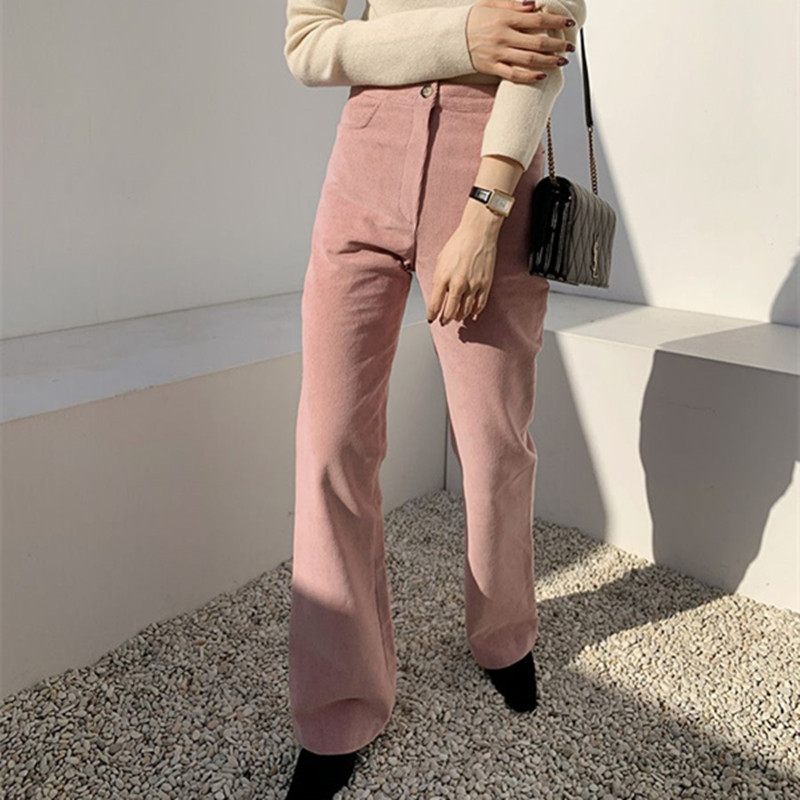 Spring Autumn Elegant High Waist Flare Pants Women Bottoms OL Work Wear Corduroy Solid Loose Trousers 210421